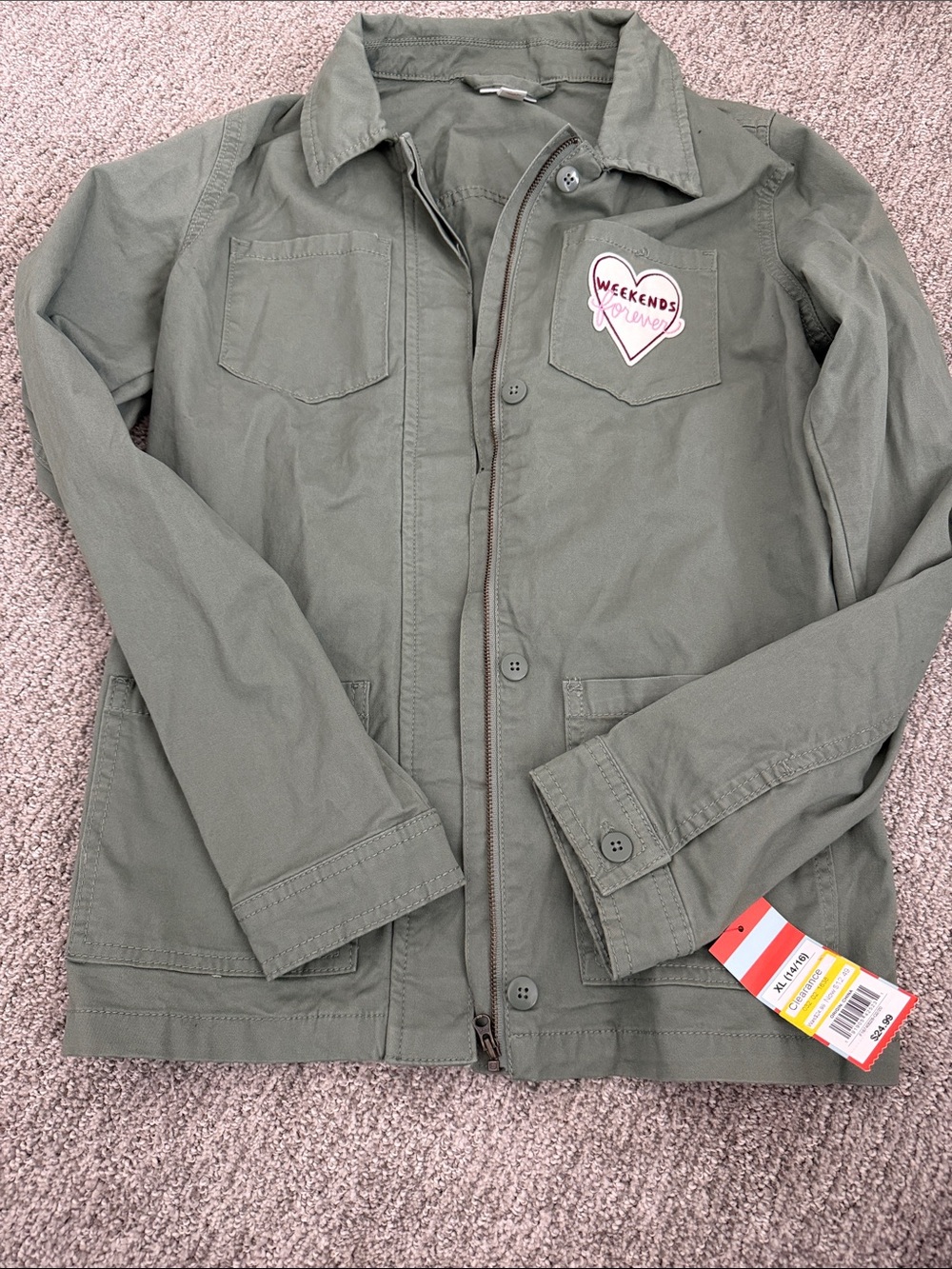 Cat & Jack Olive Green Kids Utility Jacket with Heart Patch